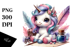 Colorful Unicorn with Quill and Ink PNG Product Image 1