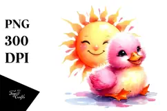 Watercolor Pink-ish Smiling Cute Duck on Smiling Sun PNG Product Image 1