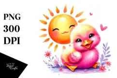 Watercolor Pink-ish Smiling Cute Duck on Smiling Sun PNG Product Image 1