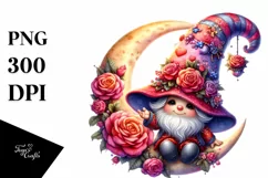 Pink Gnome on Moon with Roses PNG Product Image 1