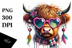Digital Painting Highland Calf with Heart Sunglasses, PNG Product Image 1