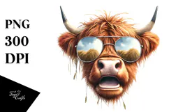 Funny Highland Cow with Sunglasses and Hay Straw PNG Product Image 1