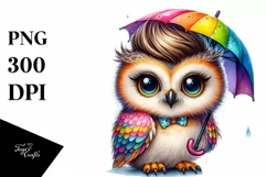 Proud Owl Posed Sitting, Vibrant Watercolor PNG Product Image 1
