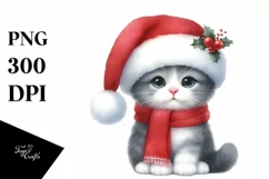 Christmas Cat Sitting with Santa Hat PNG Product Image 1