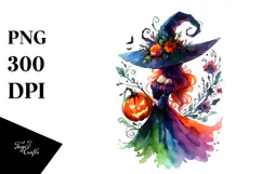 Vibrant Witch Drawing, Watercolor PNG Product Image 1