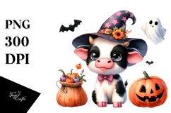 Vibrant Baby Cow Halloween Scene | Clipart Product Image 1