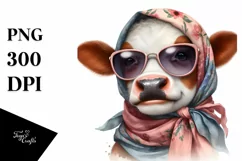 Cute Cow with Silk Scarf Watercolor Clipart Product Image 1