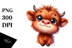 Expressive Highland Cow Watercolor, PNG Product Image 1