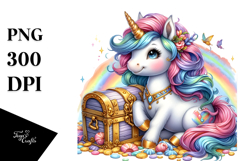 Colorful Baby Unicorn with Treasure Chest, PNG Product Image 1