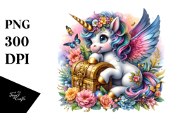Colorful Unicorn with Treasure Chest PNG Product Image 1