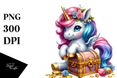 Colorful Baby Unicorn with Treasure Chest, PNG Product Image 1