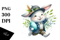 Watercolor Smiling Bunny with Modern Hat PNG Product Image 1