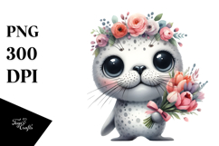 Watercolor Baby Seal Big Eyes with Flower Bouquet on Product Image 1