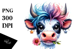 Funny Crazy Cow with Cool Hair PNG Product Image 1