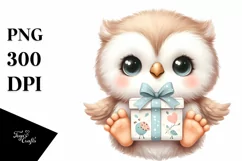 Cute Baby Owl with Gift Box PNG Product Image 1