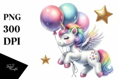 Cute Baby Unicorn Floating with Balloons | Clipart Product Image 1