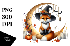 Fox Dressed for Halloween Sitting on Half Moon PNG Product Image 1