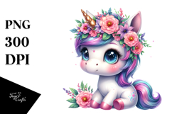 Cute Unicorn with Floral Wreath, PNG Product Image 1