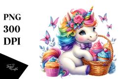 Colorful Baby Unicorn with Cupcakes, PNG Product Image 1
