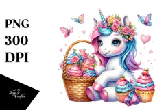 Colorful Baby Unicorn with Cupcakes, PNG Product Image 1