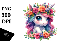 Cute Unicorn with Floral Wreath, PNG Product Image 1