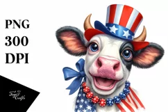 Cow Portrait with Party Hat in USA Flag Colors | Clipart Product Image 1