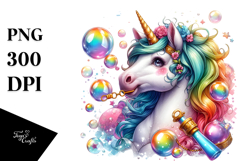 Colorful Baby Unicorn Blowing Bubbles, PNG Product Image 1