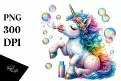 Colorful Baby Unicorn Blowing Bubbles, PNG Product Image 1