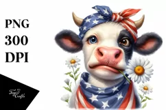 Watercolor Cow Portrait with Bandana & Daisy | Clipart Product Image 1