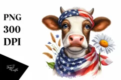 Watercolor Cow Portrait with Bandana & Daisy | Clipart Product Image 1