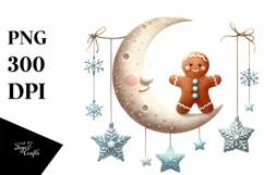 Cute Winter Gingerbread Man behind Moon PNG Product Image 1