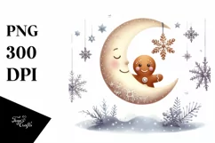 Cute Winter Gingerbread Man behind Moon PNG Product Image 1