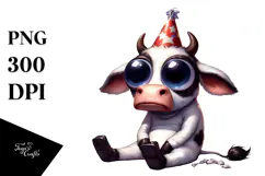 Silly Cartoon Cow with Party Hat PNG Product Image 1