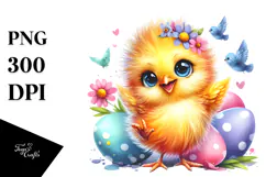 Vibrant Watercolor Smiling Cute Baby Chicken Dramatic PNG Product Image 1