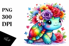 Cartoon Turtle with Flower Crown, Colorful Watercolor PNG Product Image 3