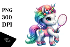 Colorful Baby Unicorn with Racket, PNG Product Image 1