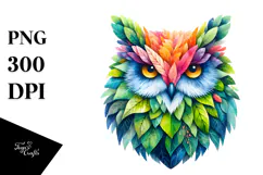 Vibrant Owl with Plant Leaves PNG Product Image 1