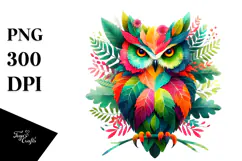 Vibrant Owl with Plant Leaves PNG Product Image 1