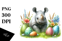 Digital Watercolor Baby Rhino Easter PNG Product Image 1