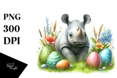 Digital Watercolor Baby Rhino Easter PNG Product Image 1