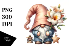Cute GNOME with Big Hat and Freesia on Star PNG Product Image 1