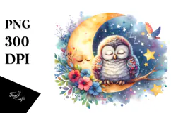 Watercolor Vibrant Baby Owl | Sleeping Moon Clipart Product Image 1