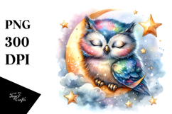 Watercolor Vibrant Baby Owl | Sleeping Moon Clipart Product Image 1