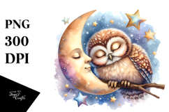 Watercolor Vibrant Baby Owl | Sleeping Moon Clipart Product Image 1