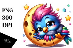 Colorful Baby Starling on Moon PNG Product Image 1