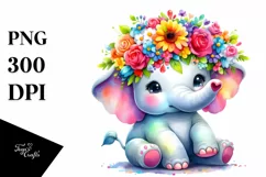 Cute Vibrant Elephant with Flower Crown, Watercolor PNG Product Image 1