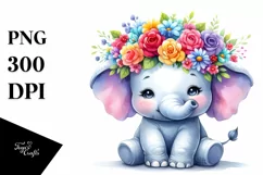 Cute Vibrant Elephant with Flower Crown, Watercolor PNG Product Image 3