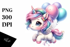 Cute Baby Unicorn Floating with Balloons | Clipart Product Image 3