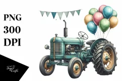 Vintage Tractor with Balloons in Watercolor Product Image 1