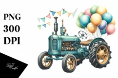 Vintage Tractor with Balloons in Watercolor Product Image 1